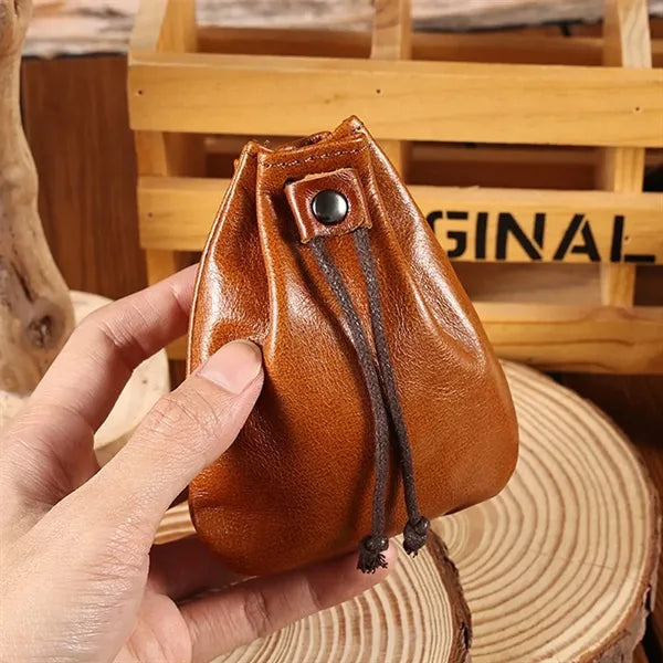 Mini Vintage Leather Drawstring Pouch Coin Organizer