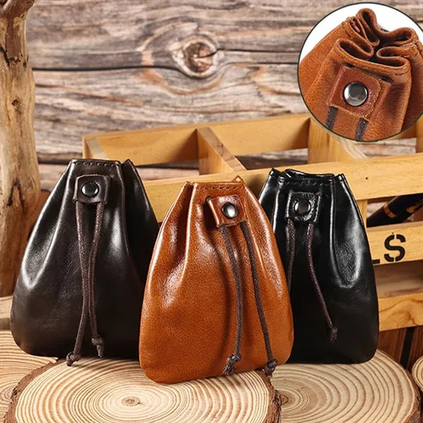 Mini Vintage Leather Drawstring Pouch Coin Organizer