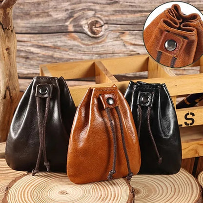 Mini Vintage Leather Drawstring Pouch Coin Organizer