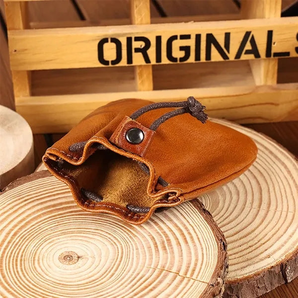 Mini Vintage Leather Drawstring Pouch Coin Organizer