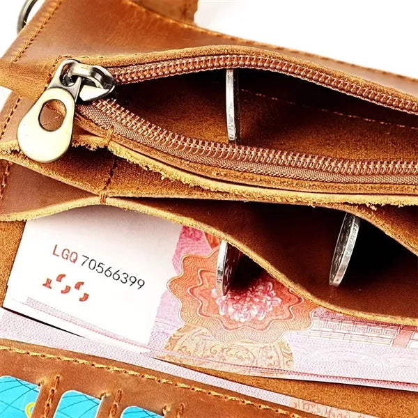 Leather Bifold Wallet with Anti-theft Chain
