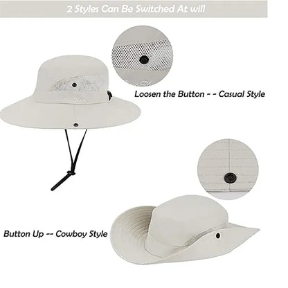 Wide-Brim Outdoor Beach Sun Hat with Ponytail-Hole