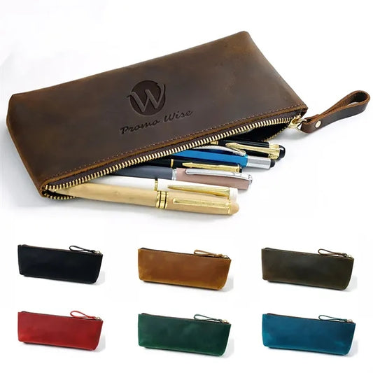 Genuine Leather Zipper Pencil Case Pen Pouch