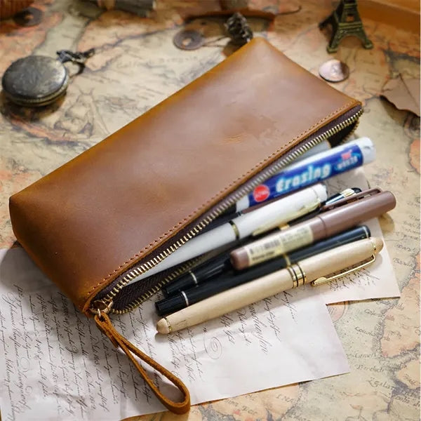 Genuine Leather Zipper Pencil Case Pen Pouch