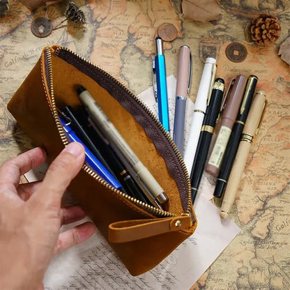 Genuine Leather Zipper Pencil Case Pen Pouch