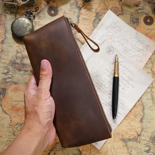 Genuine Leather Zipper Pencil Case Pen Pouch