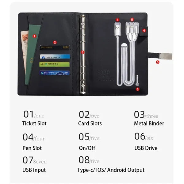 Wireless Charge Notebook Padfolio with USB Drive Power Bank