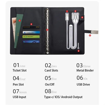 Wireless Charge Notebook Padfolio with USB Drive Power Bank