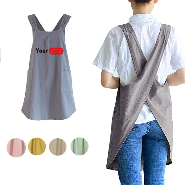 Linen Cotton Apron  Cross-Back Straps Dual Pockets