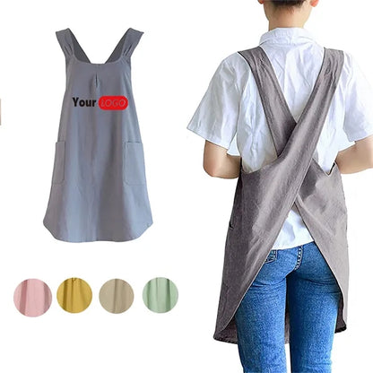 Linen Cotton Apron  Cross-Back Straps Dual Pockets