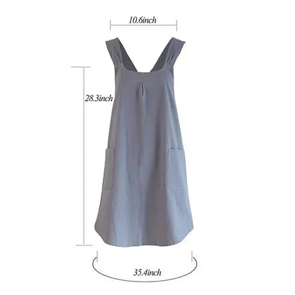 Linen Cotton Apron  Cross-Back Straps Dual Pockets