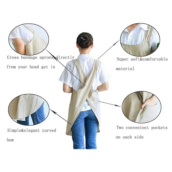 Linen Cotton Apron  Cross-Back Straps Dual Pockets