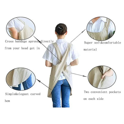 Linen Cotton Apron  Cross-Back Straps Dual Pockets