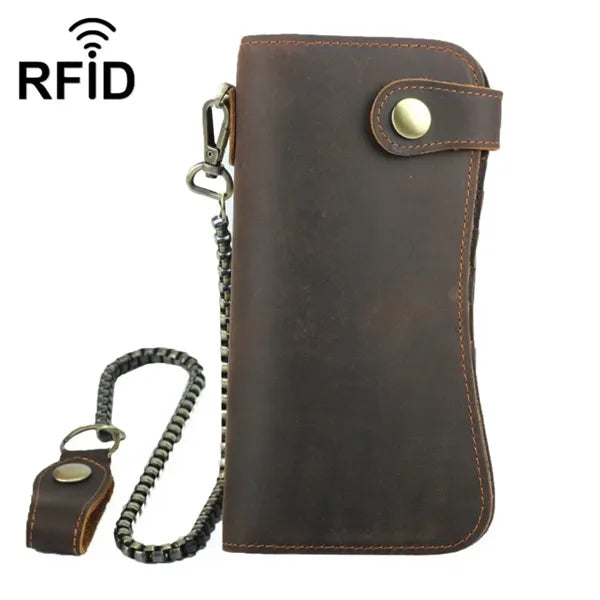 Crazy Horse Leather RFID Blocking Biker Wallets with Chain