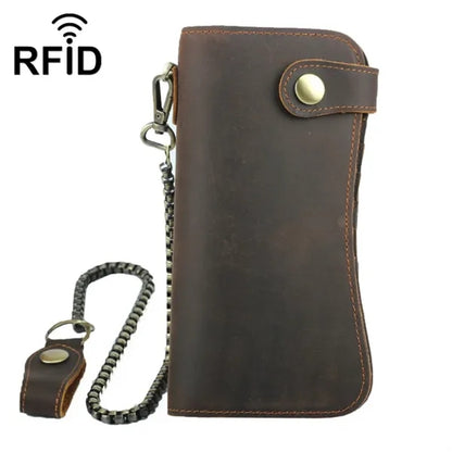 Crazy Horse Leather RFID Blocking Biker Wallets with Chain