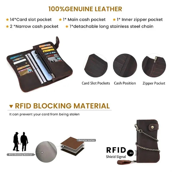 Crazy Horse Leather RFID Blocking Biker Wallets with Chain