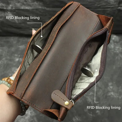 Crazy Horse Leather RFID Blocking Biker Wallets with Chain