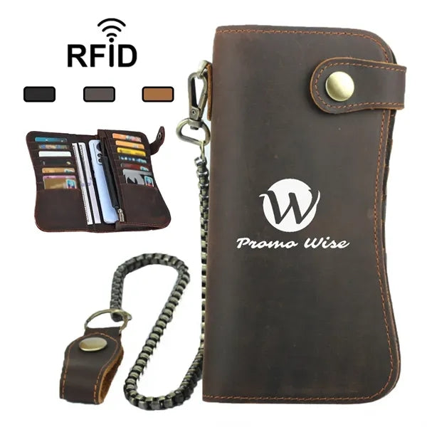 Crazy Horse Leather RFID Blocking Biker Wallets with Chain