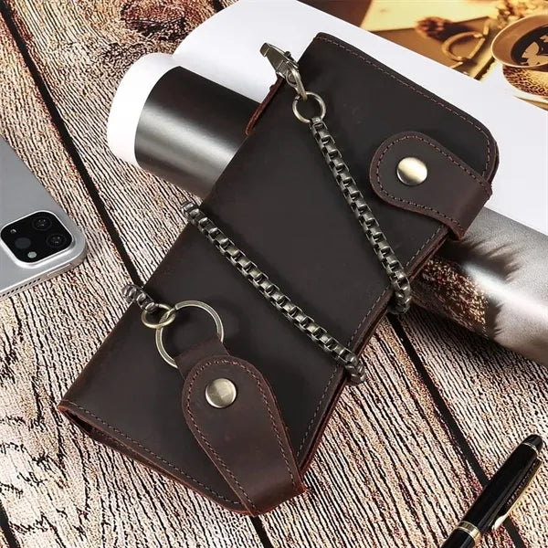 Crazy Horse Leather RFID Blocking Biker Wallets with Chain