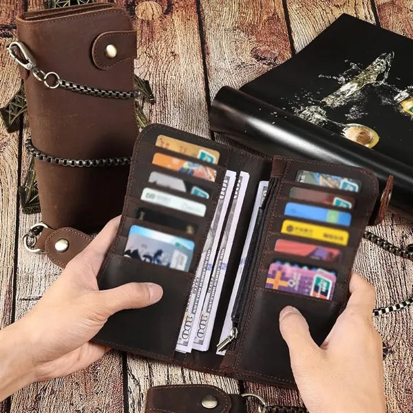 Crazy Horse Leather RFID Blocking Biker Wallets with Chain