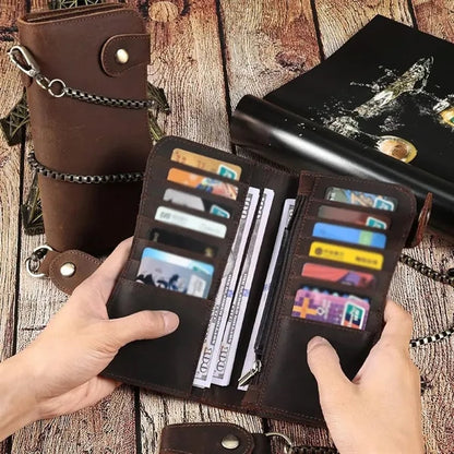 Crazy Horse Leather RFID Blocking Biker Wallets with Chain