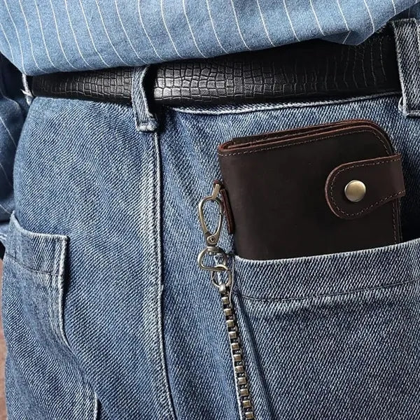 Crazy Horse Leather RFID Blocking Biker Wallets with Chain