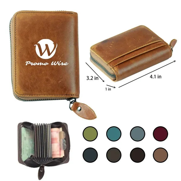 Top Grain Leather Fold Accordion Wallet Zippered Card Holder