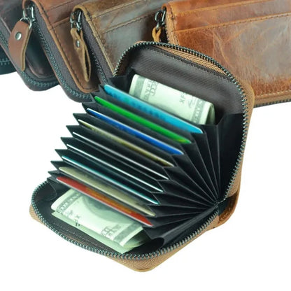 Top Grain Leather Fold Accordion Wallet Zippered Card Holder