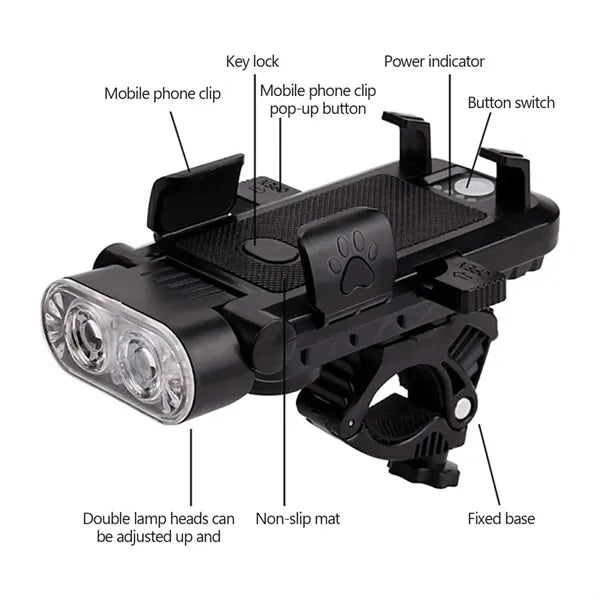 4 in 1 Bicycle Headlight Phone Holder Power Bank 130DB Horn