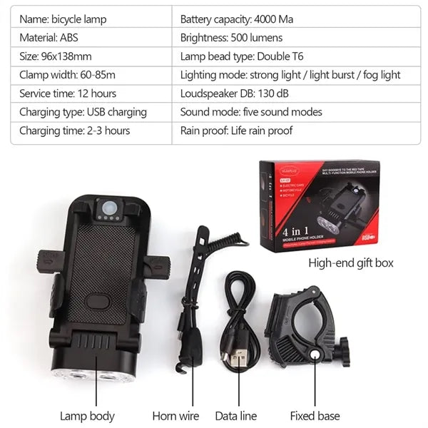 4 in 1 Bicycle Headlight Phone Holder Power Bank 130DB Horn