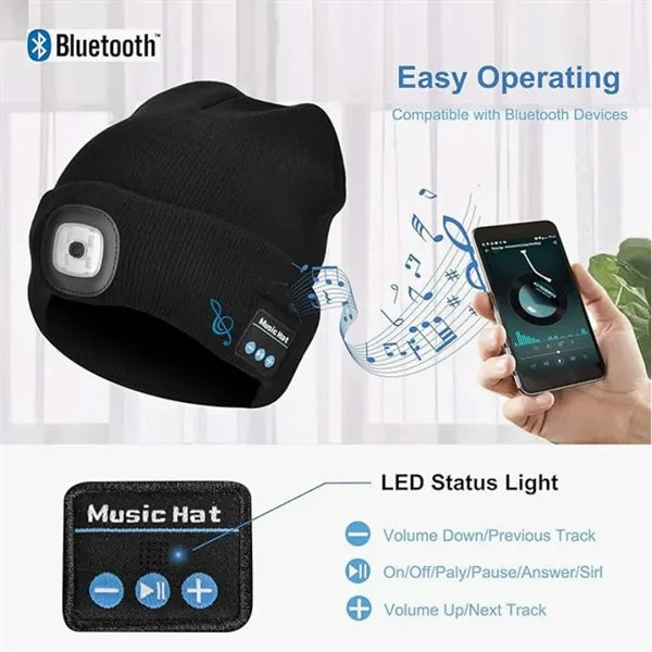 USB Rechargeable Bluetooth Beanie Hat with LED Light