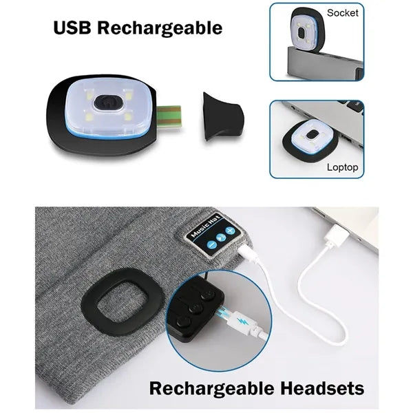 USB Rechargeable Bluetooth Beanie Hat with LED Light
