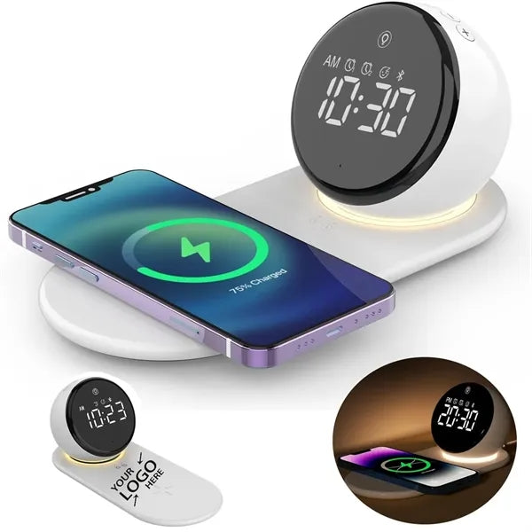 5 in 1 Digital Alarm Clock with Wireless Charger and Bluetoo
