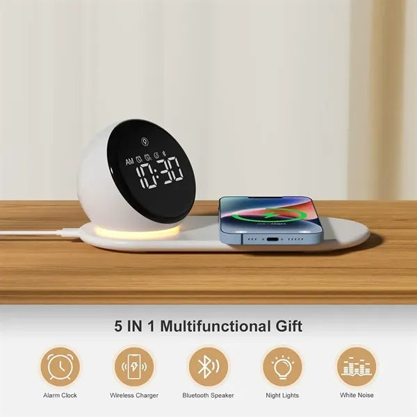 5 in 1 Digital Alarm Clock with Wireless Charger and Bluetoo