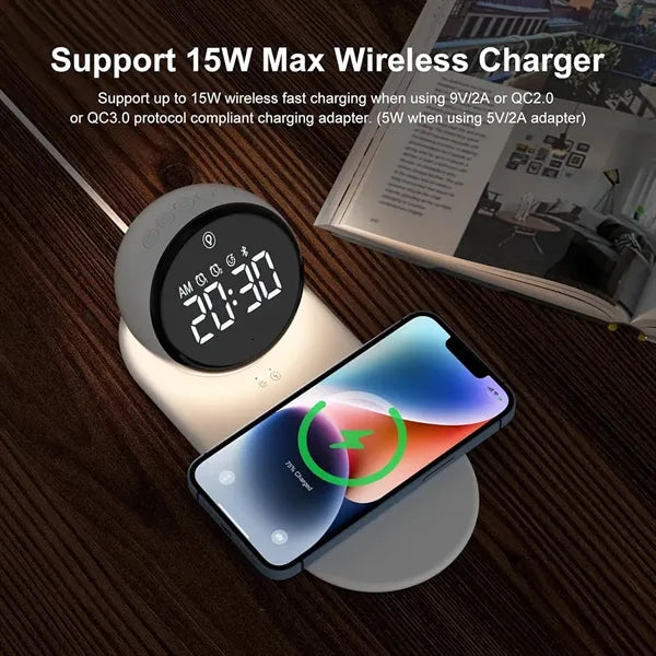 5 in 1 Digital Alarm Clock with Wireless Charger and Bluetoo