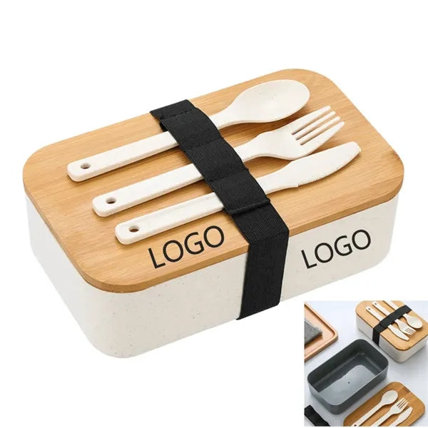 Wheat Straw Lunch Bento Box With Cutlery & Bamboo Lid
