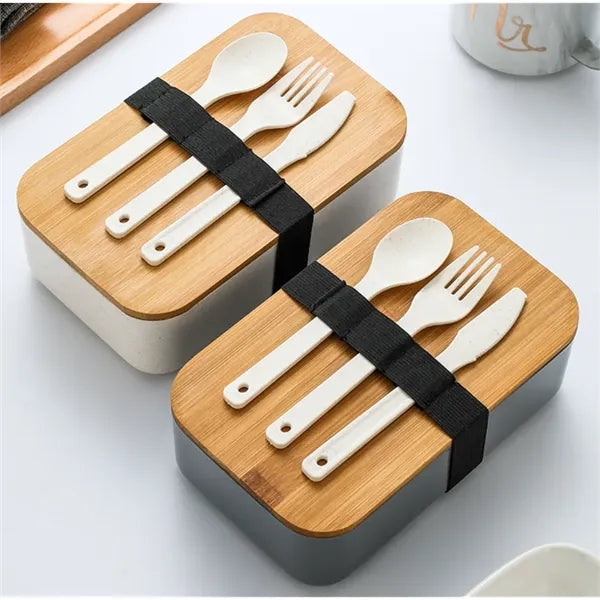 Wheat Straw Lunch Bento Box With Cutlery & Bamboo Lid