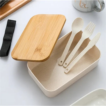 Wheat Straw Lunch Bento Box With Cutlery & Bamboo Lid