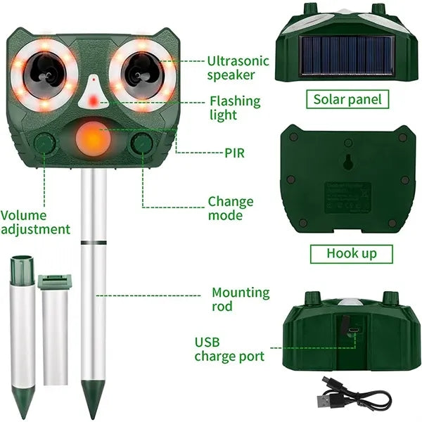 USB Solar Charging Waterproof Ultrasound LED Animal Repeller
