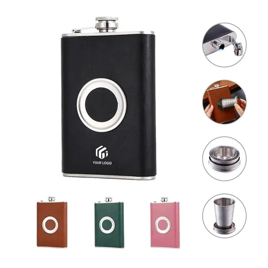 304 Stainless Steel Leather flask with builtin folding Cups