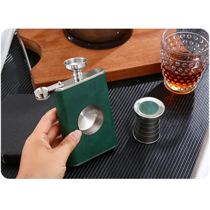 304 Stainless Steel Leather flask with builtin folding Cups