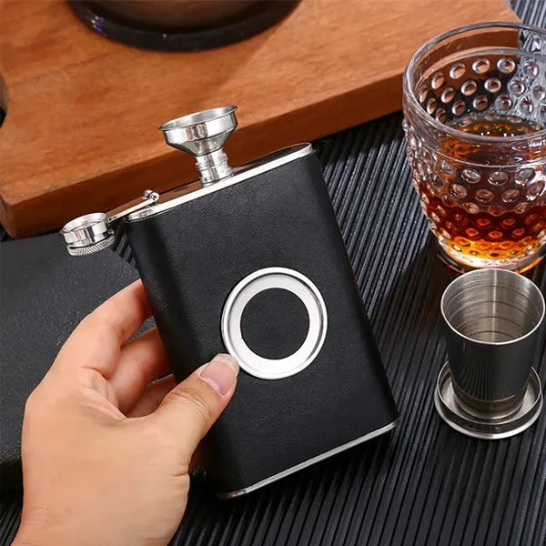 304 Stainless Steel Leather flask with builtin folding Cups