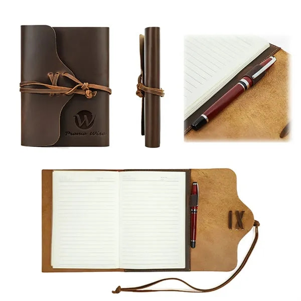 Genuine Leather Journal w/ Book Cover Jacket with Strap Wrap