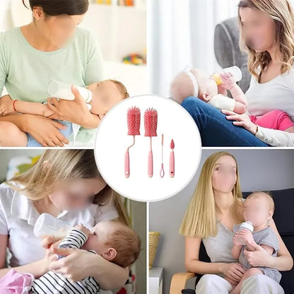 4-in-1 BPA-Free Soft Silicone Baby Bottle Teat Brush Set