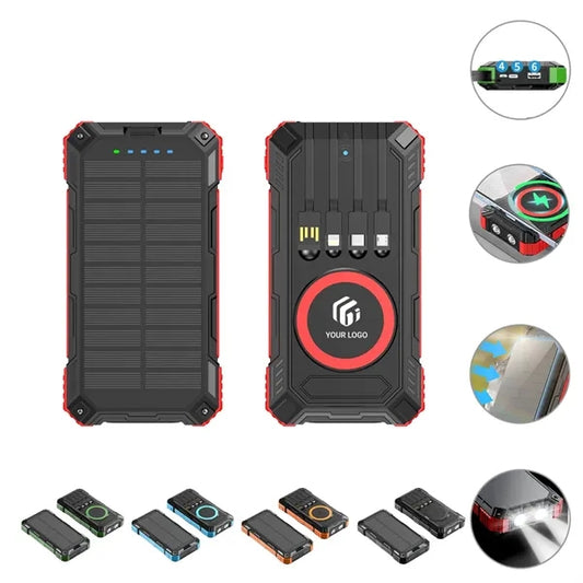 20000mAh Wireless Solar Power Bank with Built-In Cables