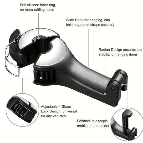 2 in 1 Car Seat Hooks with Phone Holder