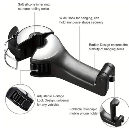2 in 1 Car Seat Hooks with Phone Holder