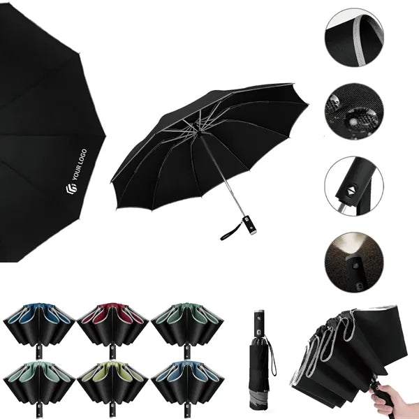 Durable portable automatic reverse lighting folding umbrella