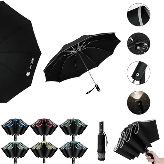 Durable portable automatic reverse lighting folding umbrella