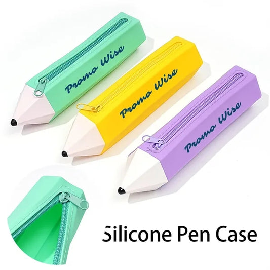 Pencil Shape Zipped Large Capacity Silicone Pen Pouch Case